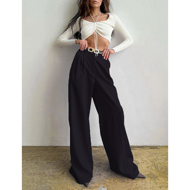 Black High Waisted Draped Wide Leg Pants TQV510042-2
