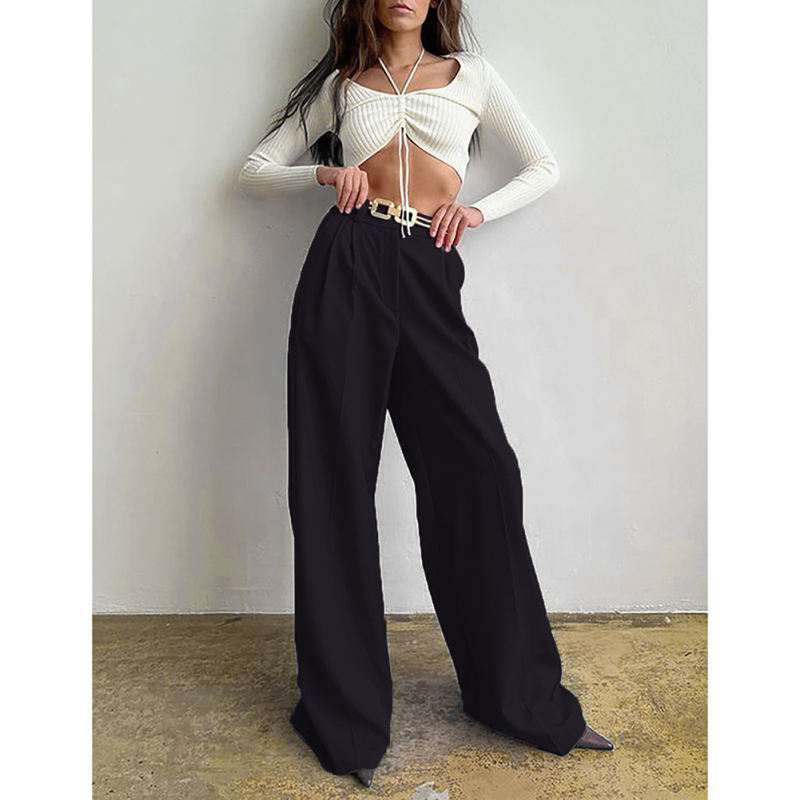 Black High Waisted Draped Wide Leg Pants TQV510042-2