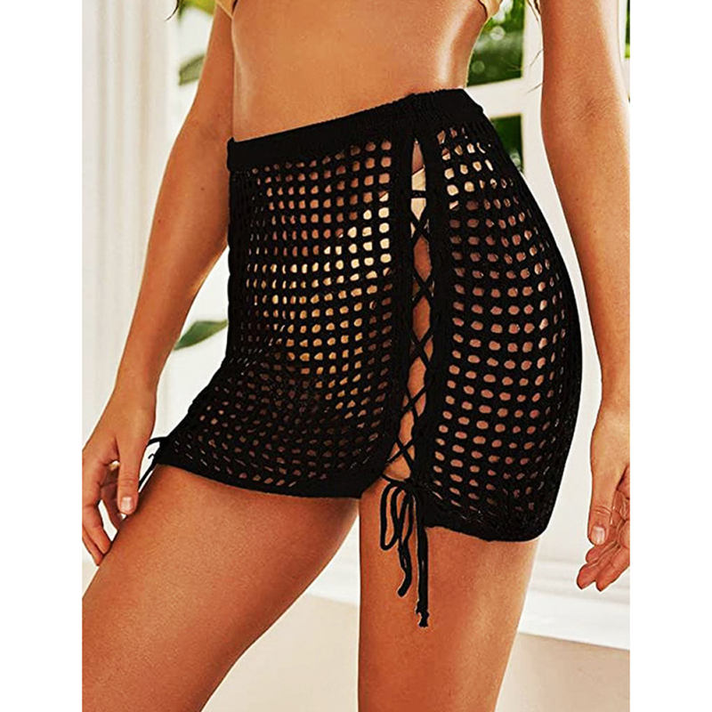 Black Hollow-out Side Drawstring Beachwear Mini Skirt TQV360075-2