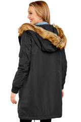 Black Fur Trim Hooded Longline Coat