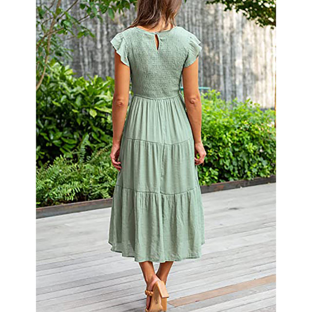 Light Green Ruffled Sleeve Pleated Layered Casual Dress TQV310008-28