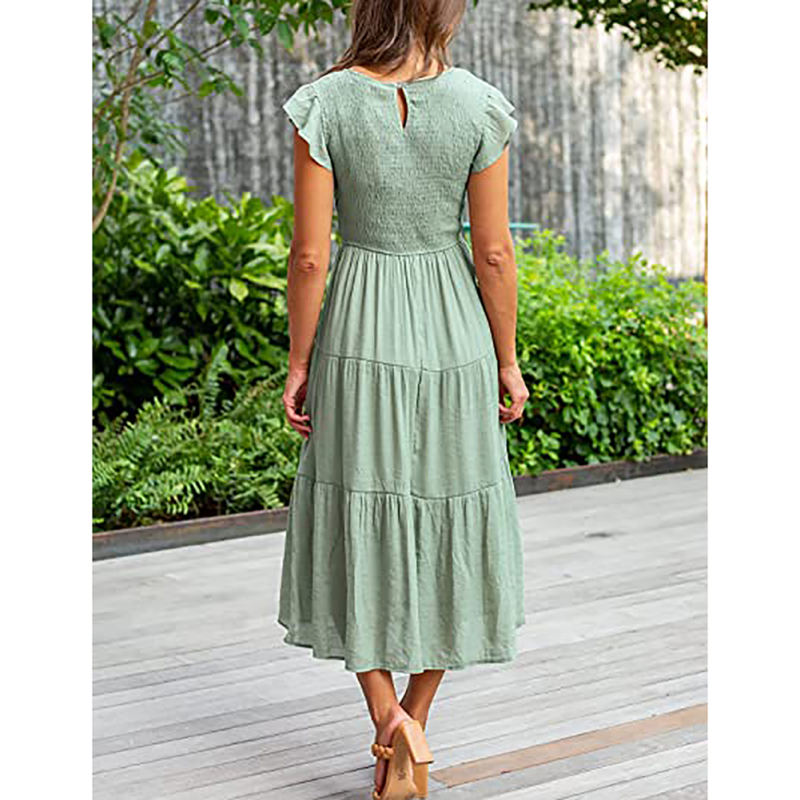 Light Green Ruffled Sleeve Pleated Layered Casual Dress TQV310008-28