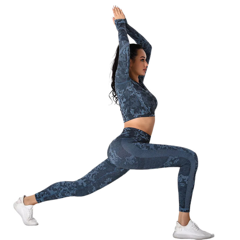 Blue Camo Knit Seamless Long Sleeve Pant Yoga Set TQE91362-5