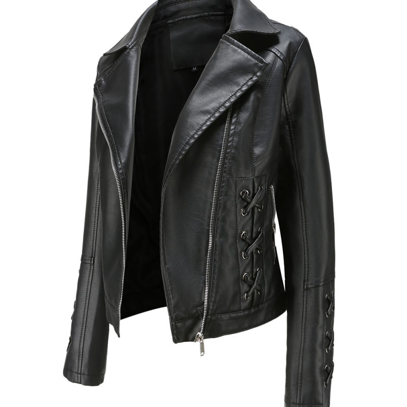Black Zipper &amp; Bandage PU Leather Jacket TQK280142-2