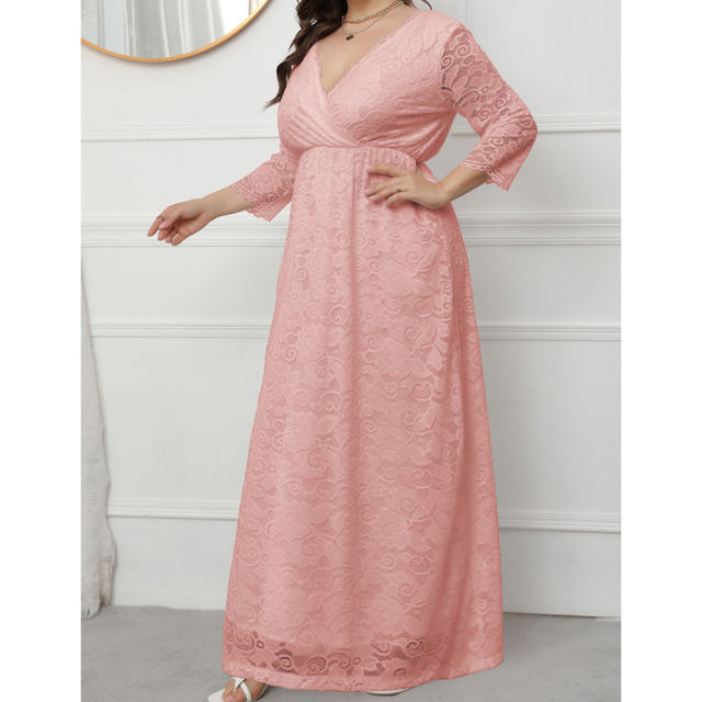 Pink V-Neck Lace Plus Size Dress TQK310997-10
