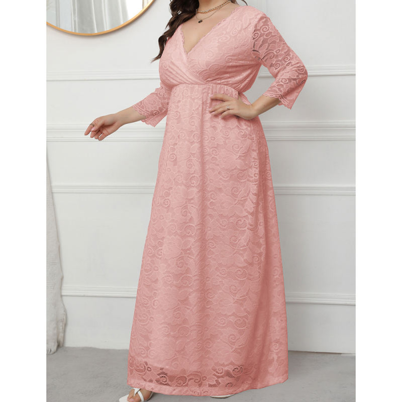 Pink V-Neck Lace Plus Size Dress TQK310997-10