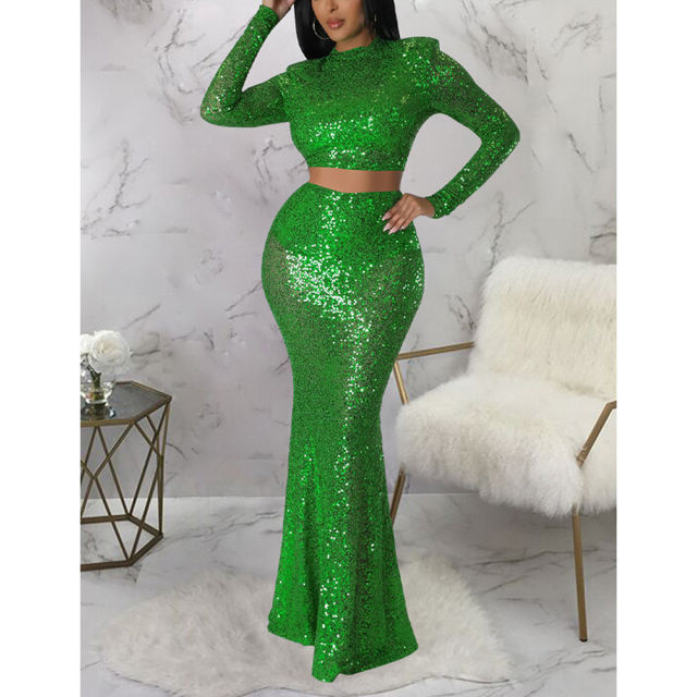 Green Sequined Crop Top with Fishtail Skirt Set TQV810034-9