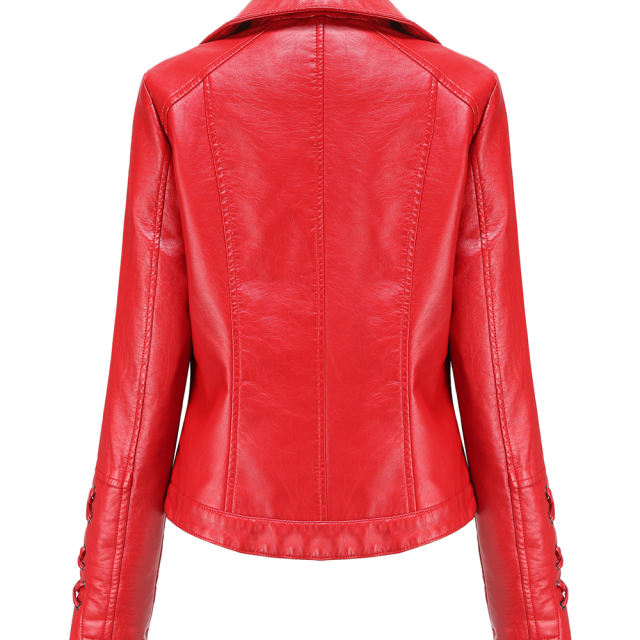 Red Zipper &amp; Bandage PU Leather Jacket TQK280142-3