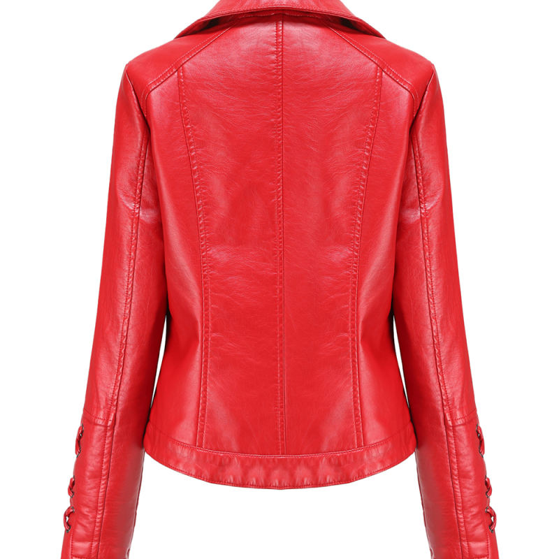 Red Zipper &amp; Bandage PU Leather Jacket TQK280142-3