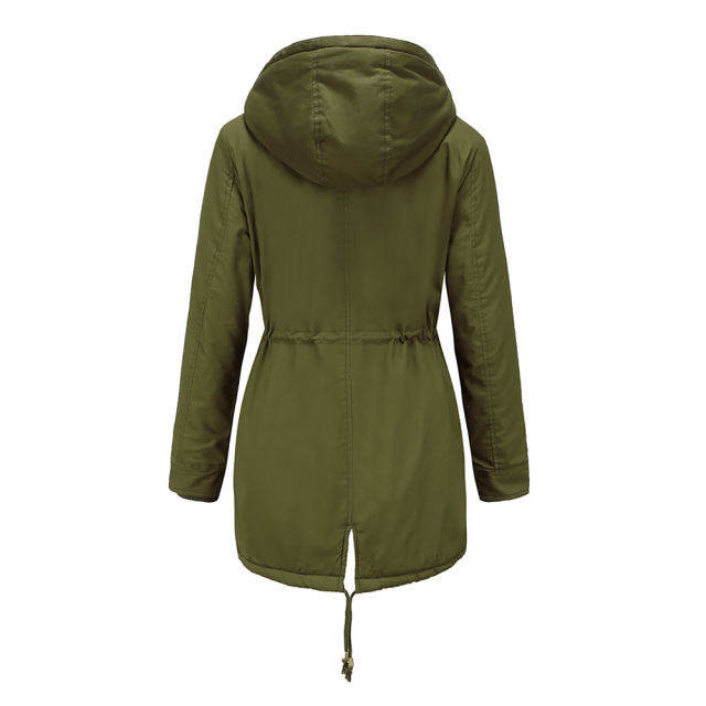 Army Green Waist Drawstring Plush Hooded Thick Parka Coat TQK280127-27