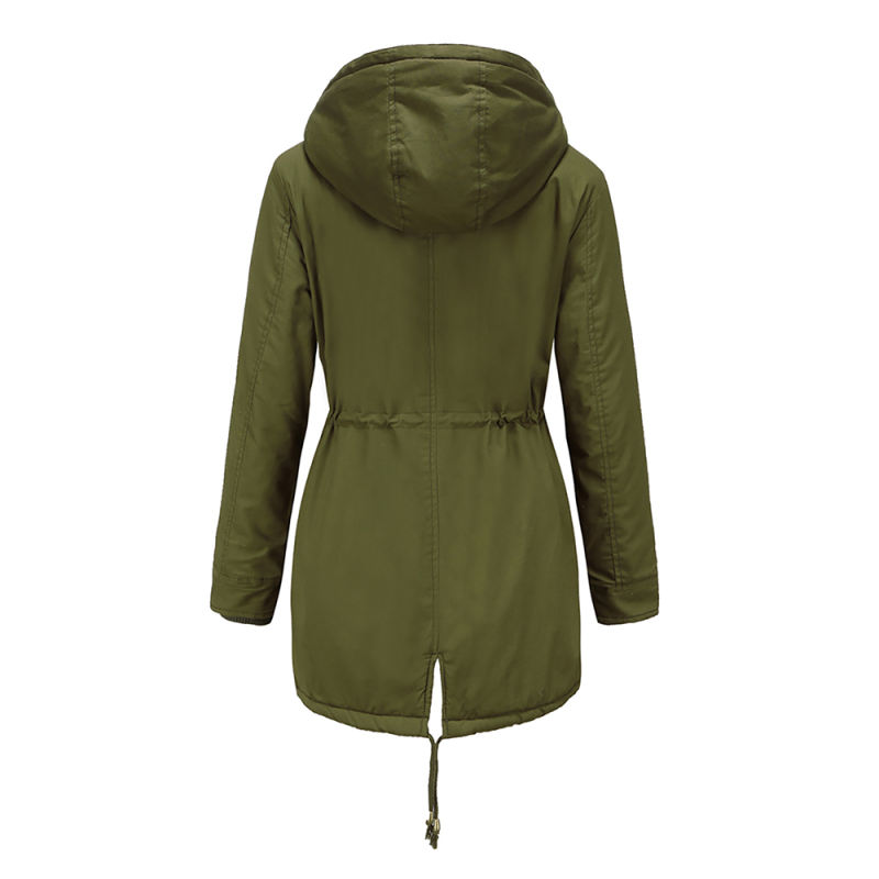Army Green Waist Drawstring Plush Hooded Thick Parka Coat TQK280127-27