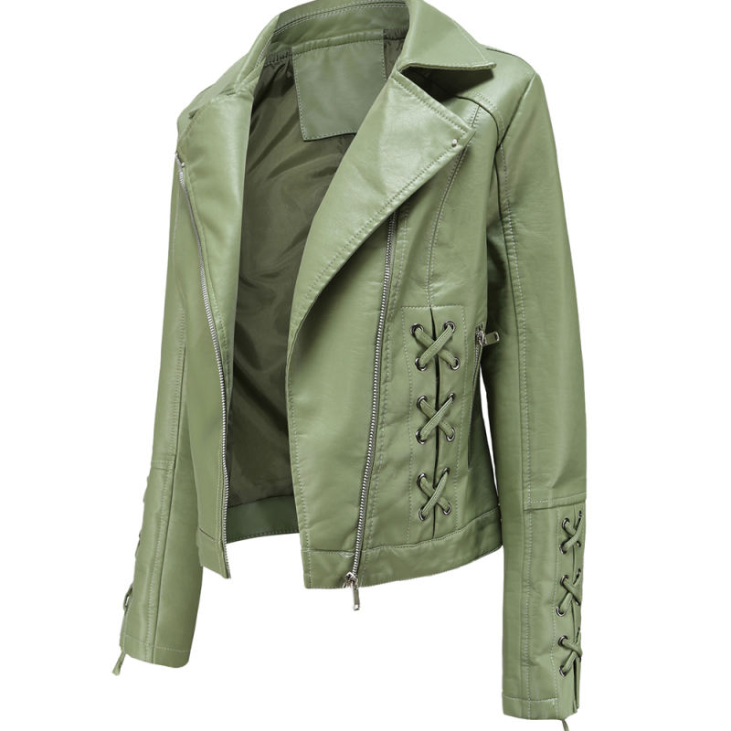 Light Green Zipper &amp; Bandage PU Leather Jacket TQK280142-28