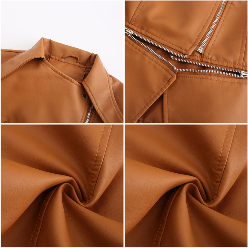 Camel Removable Hem Leather PU Leather Jacket TQK280125-58