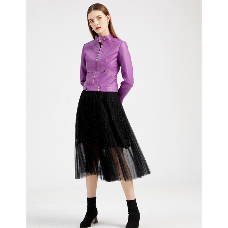 Purple PU Stand Collar Short Leather Jacket TQK280124-8