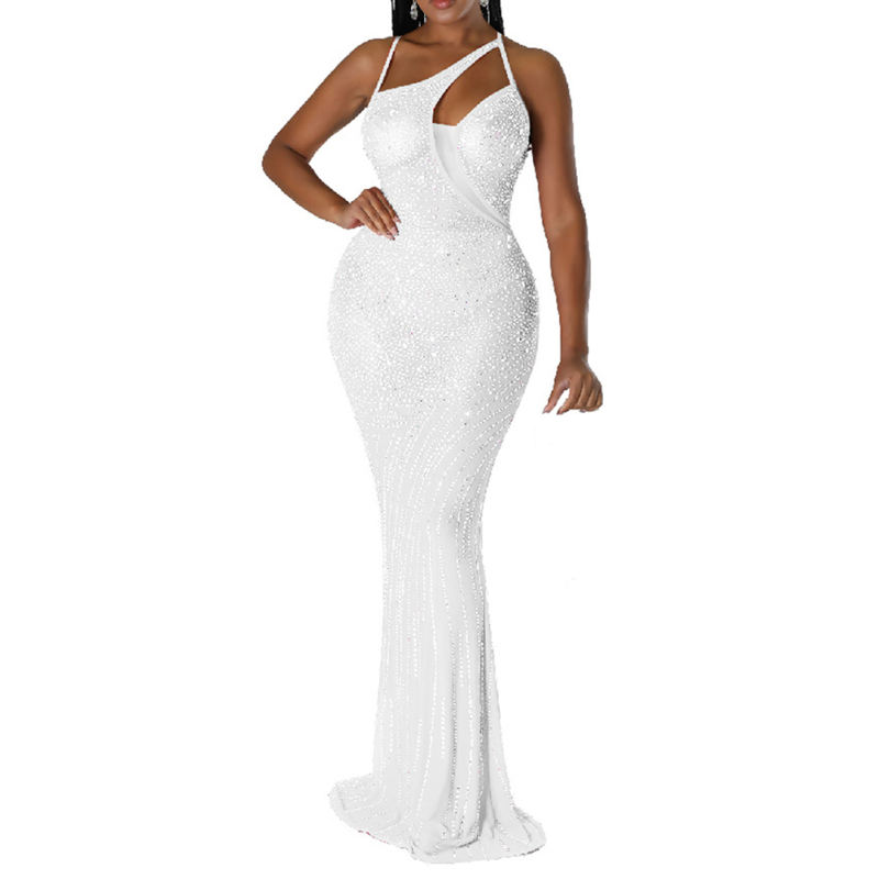 White All-over Rhinestones Asymetric Neck Maxi Dress TQK311317-1