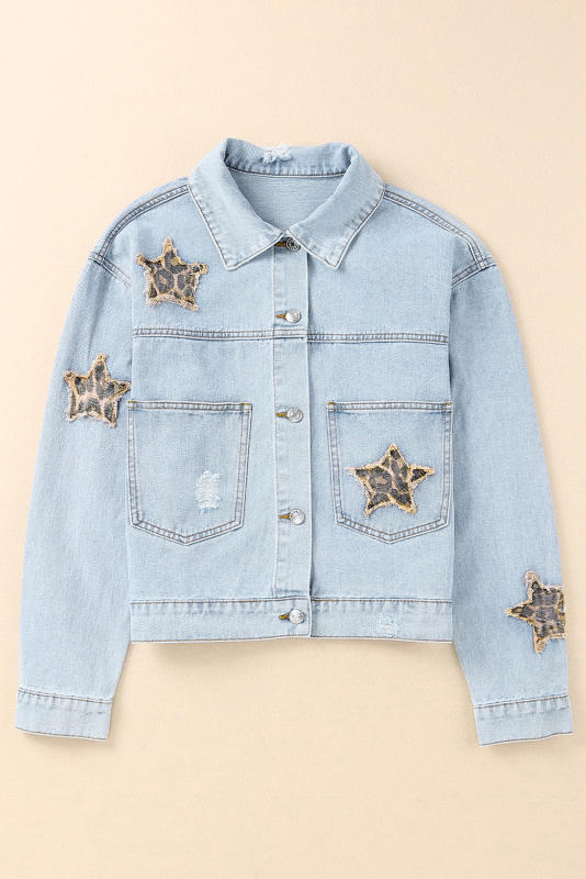 Sky Blue Leopard Star Distressed Cropped Denim Jacket LC788175-4
