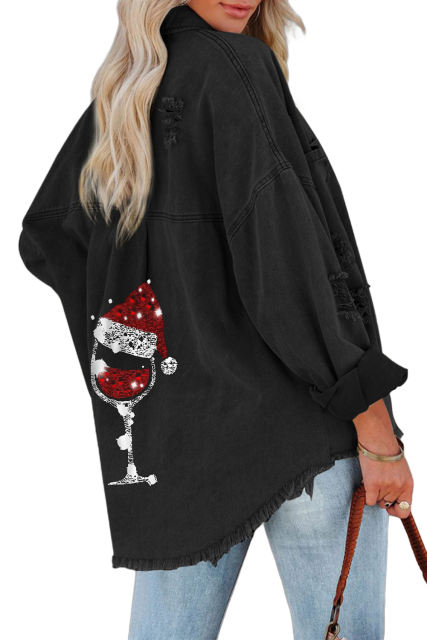 Black Christmas Hat Wine Glass Print Distressed Denim Jacket LC854283-2