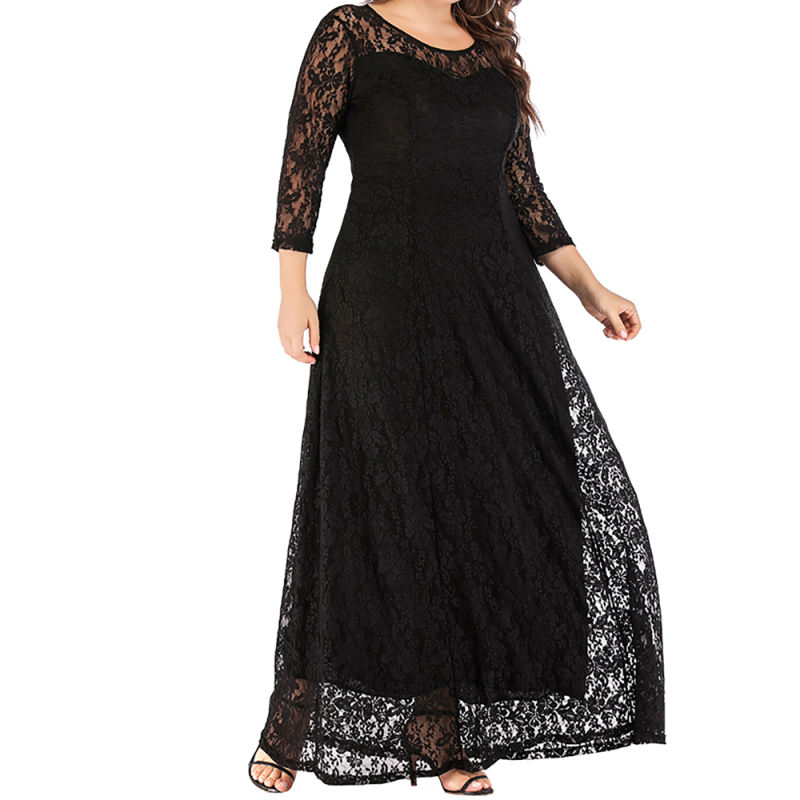 Black 3/4 Sleeve Crew Neck Lace Plus Size Dress TQK310977-2