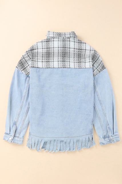 Sky Blue Plaid Patchwork Fringed Flap Pockets Denim Jacket LC854131-4