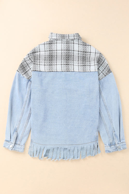 Sky Blue Plaid Patchwork Fringed Flap Pockets Denim Jacket LC854131-4