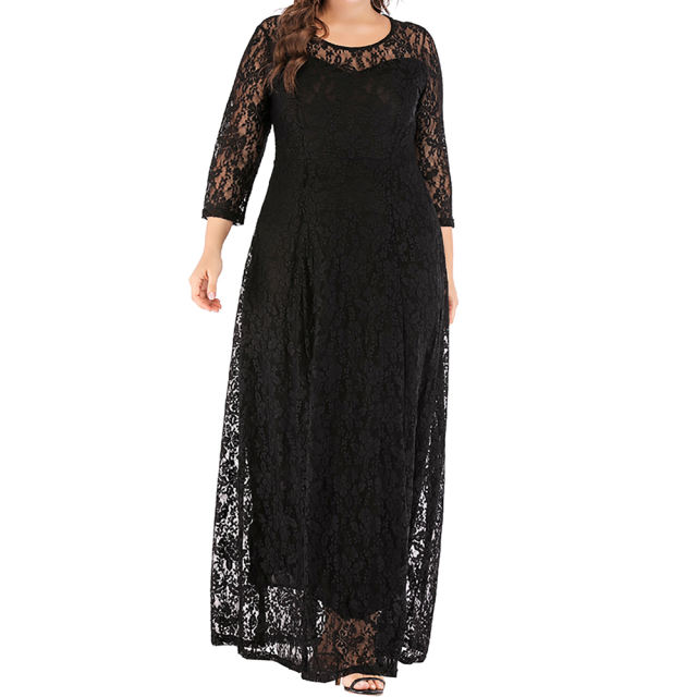 Black 3/4 Sleeve Crew Neck Lace Plus Size Dress TQK310977-2