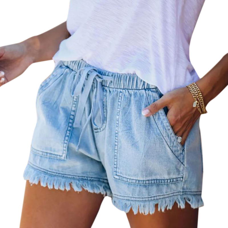 Light Blue Pocket Drawstring Denim Shorts TQK530023-30