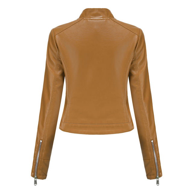 Camel PU Stand Collar Short Leather Jacket TQK280124-58