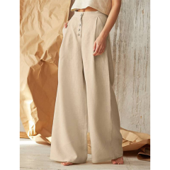 Apricot Cotton Linen Button High Waist Wide Leg Pants TQV510049-18
