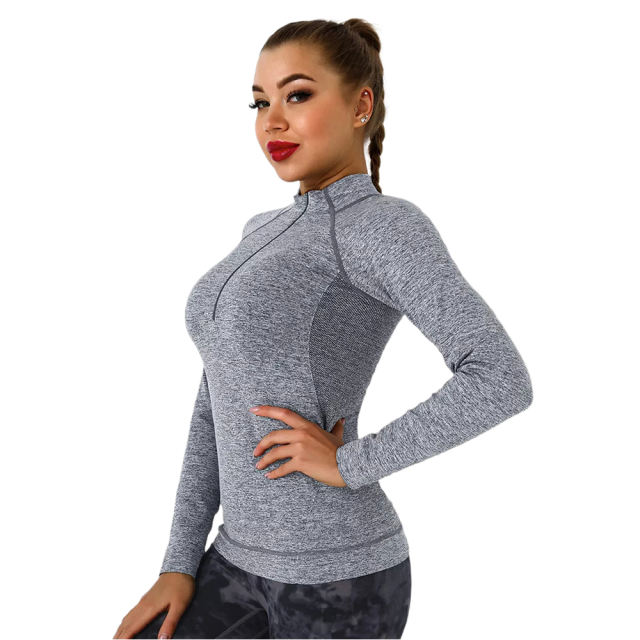 Dark Gray Quick Dry Zipper Knit Tight Yoga Tops TQE91363-23