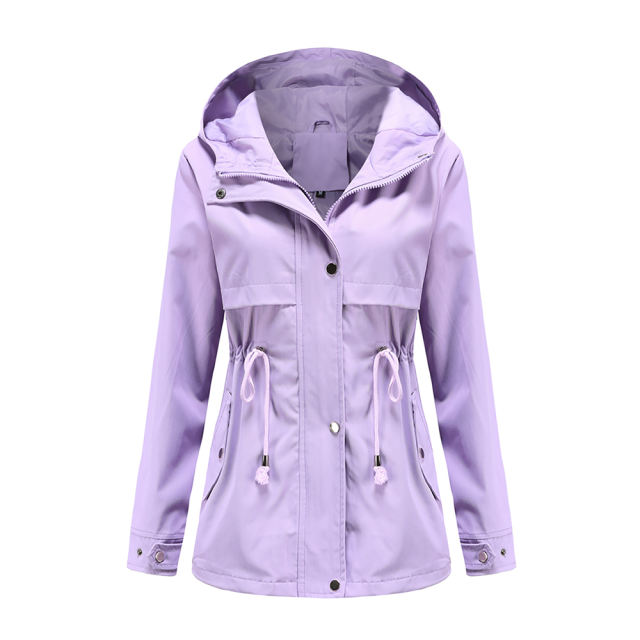 Light Purple Waist Drawstring Hooded Outdoor Rainproof Coat TQK280126-38