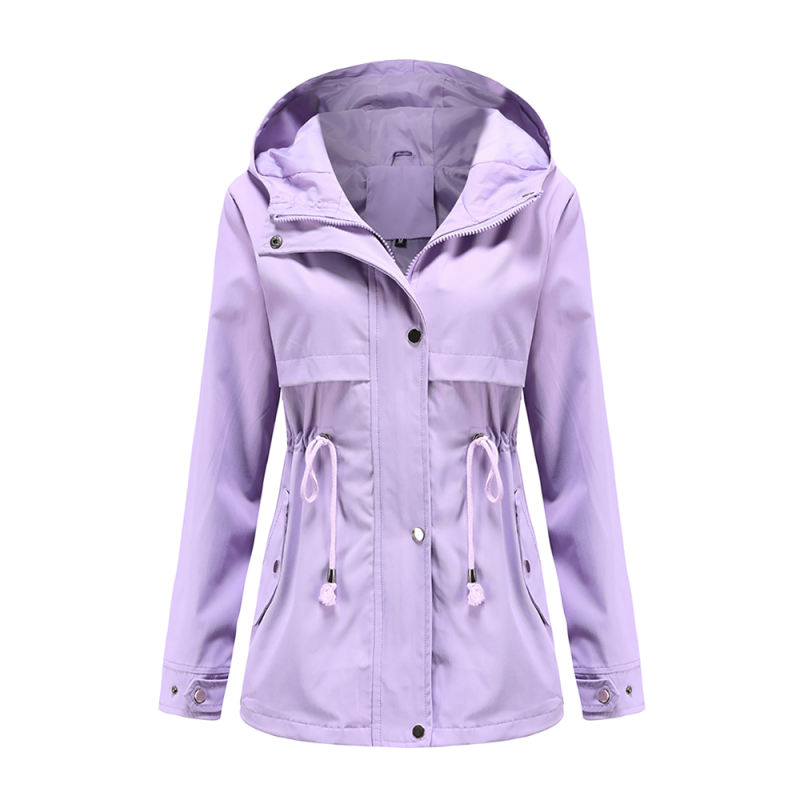 Light Purple Waist Drawstring Hooded Outdoor Rainproof Coat TQK280126-38