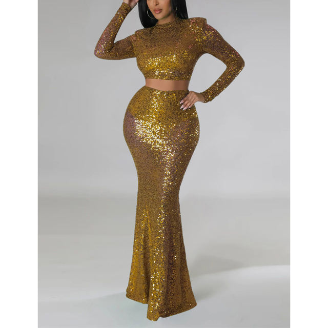 Gold Sequined Crop Top with Fishtail Skirt Set TQV810034-12
