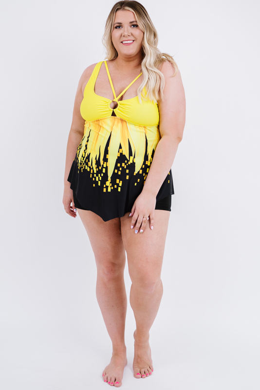 Yellow Sunflower Print Ring Detail Swimdress and Shorts Plus Size Tankini LC412897-7
