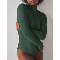Green Ribbed High Collar Long Sleeve Bodysuit TQV220125-9