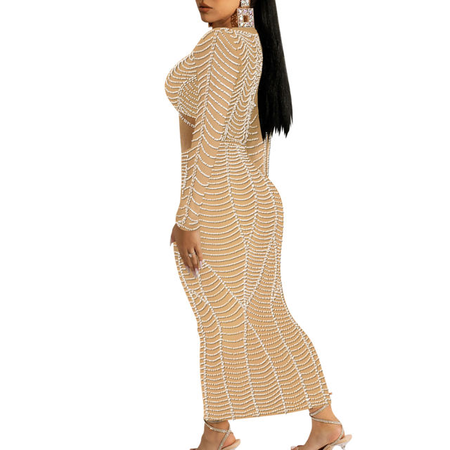 Apricot Padded Shoulder V Neck Rhinestones Mesh Maxi Dress TQK311225-18