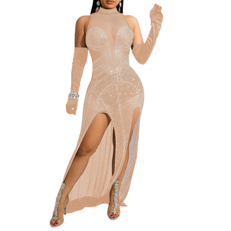 Apricot Rhinestones Mesh Stand Neck Party Dress  TQK311258-18