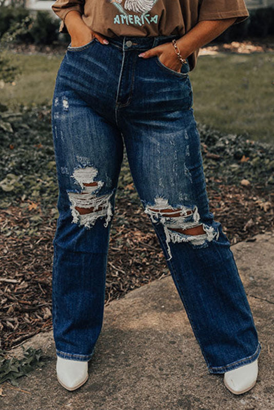 Blue High Waist Distressed Plus Size Jeans PL787066-5