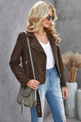 Brown Lapel Collar Zip-up Suede Coat LC8511754-17