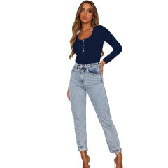 Navy Blue Zip Up Long Sleeve Bodysuit TQK550148-34