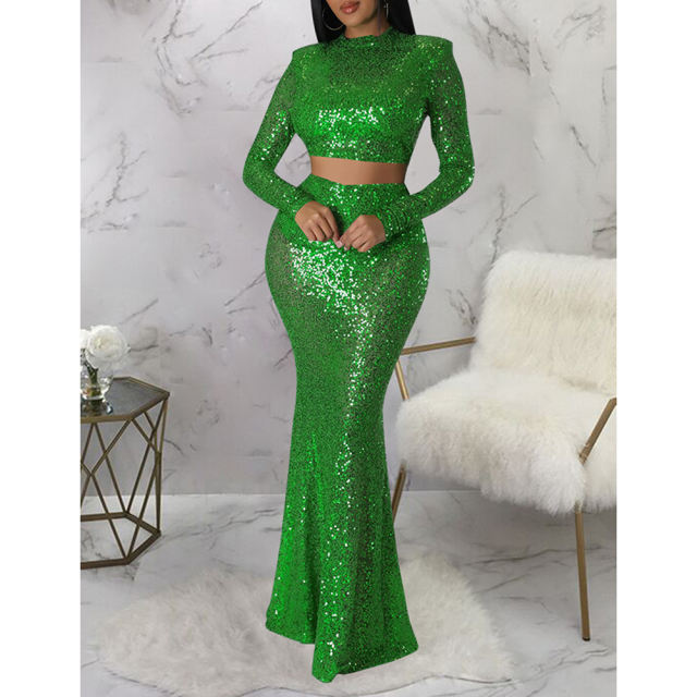 Green Sequined Crop Top with Fishtail Skirt Set TQV810034-9