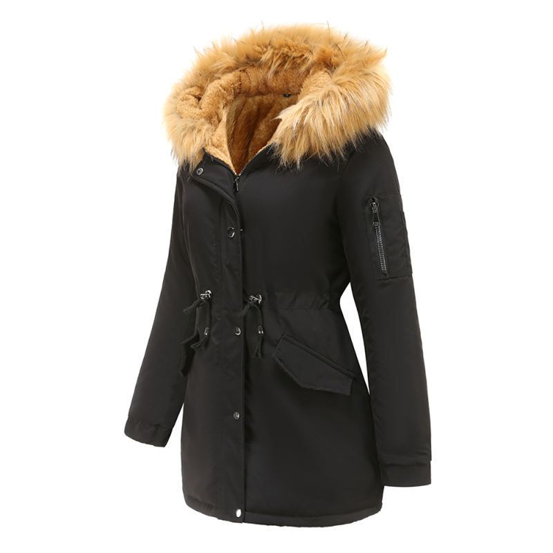 Black Brown Fur Collar Drawstring Waist Warm Hooded Parka Coat TQK280130-2B