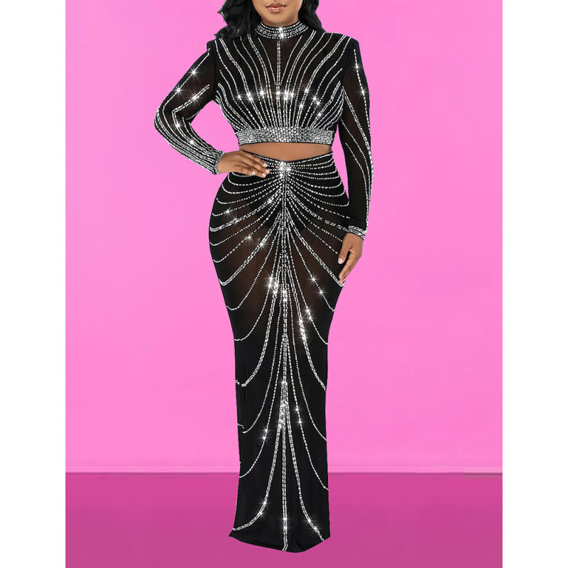 Black Rhinestones Long Sleeve Crop with Maxi Skirt Set TQV810029-2