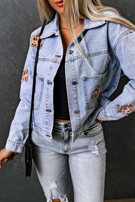 Sky Blue Leopard Star Distressed Cropped Denim Jacket LC788175-4