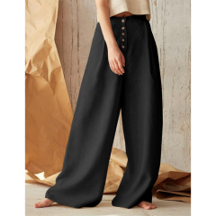 Black Cotton Linen Button High Waist Wide Leg Pants TQV510049-2