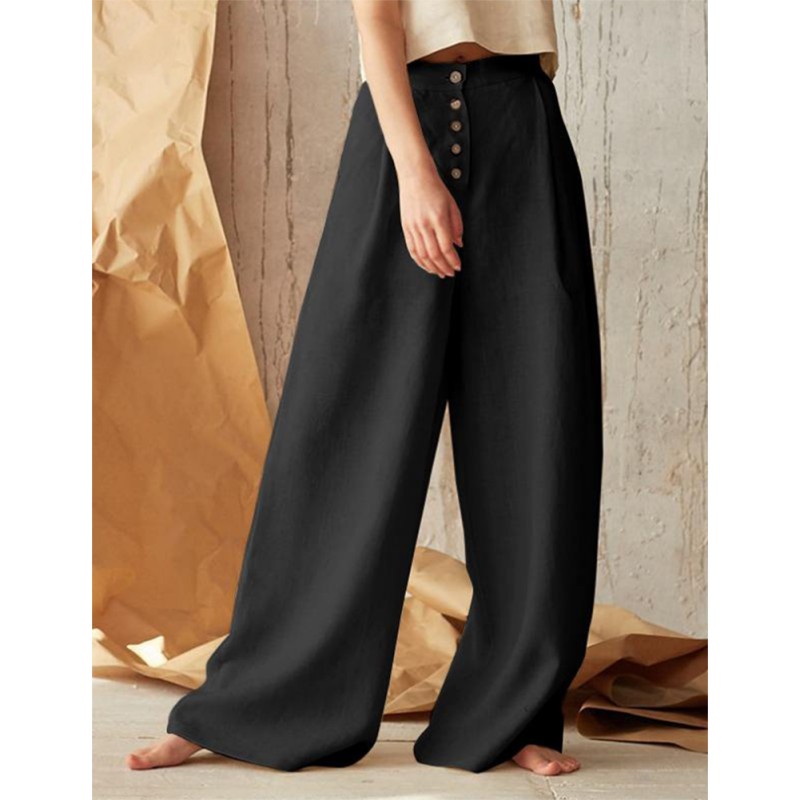 Black Cotton Linen Button High Waist Wide Leg Pants TQV510049-2