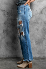 Sky Blue Distressed Holes Hollow-out Boyfriend Jeans LC783885-4
