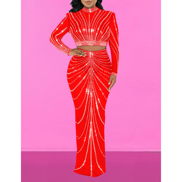 Red Rhinestones Long Sleeve Crop with Maxi Skirt Set TQV810029-3