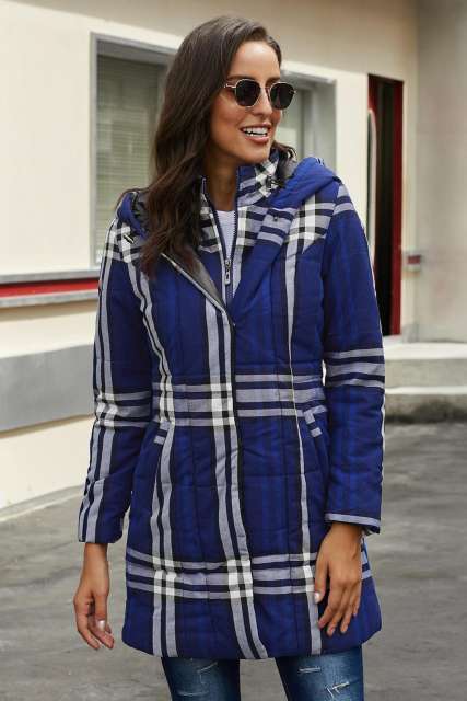 Blue Vintage Plaid Cotton Quilted Trench Coat LC85189-5