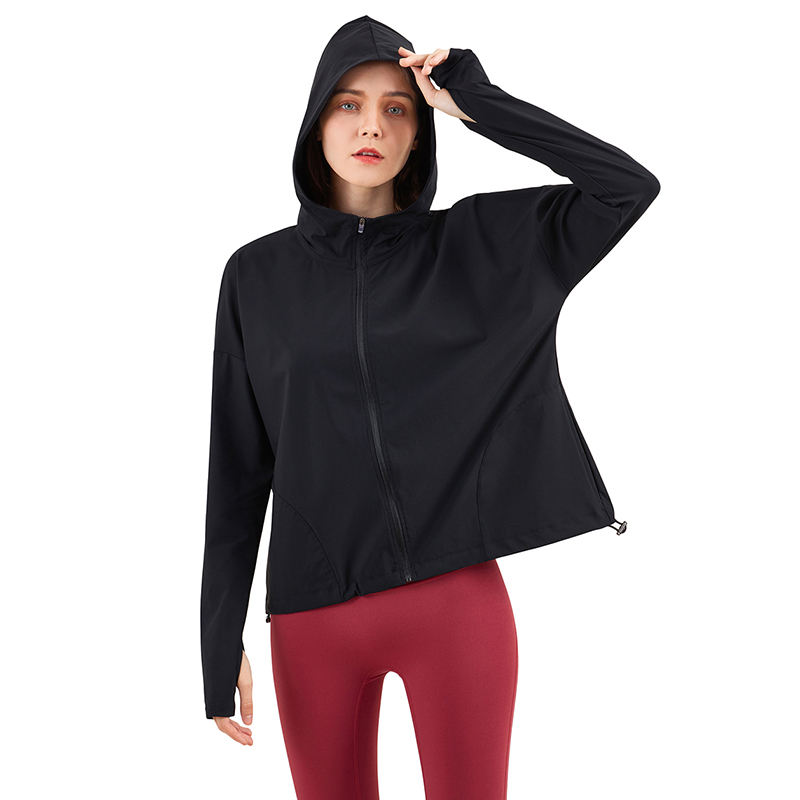 Black Zipper Hooded Loose Sports Yoga Jacket TQE37029-2