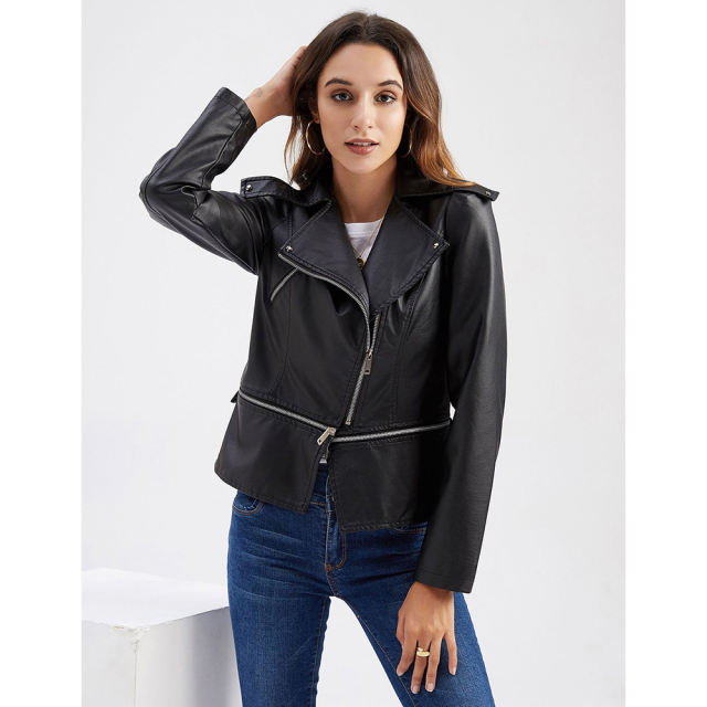 Black Removable Hem Leather PU Leather Jacket TQK280125-2